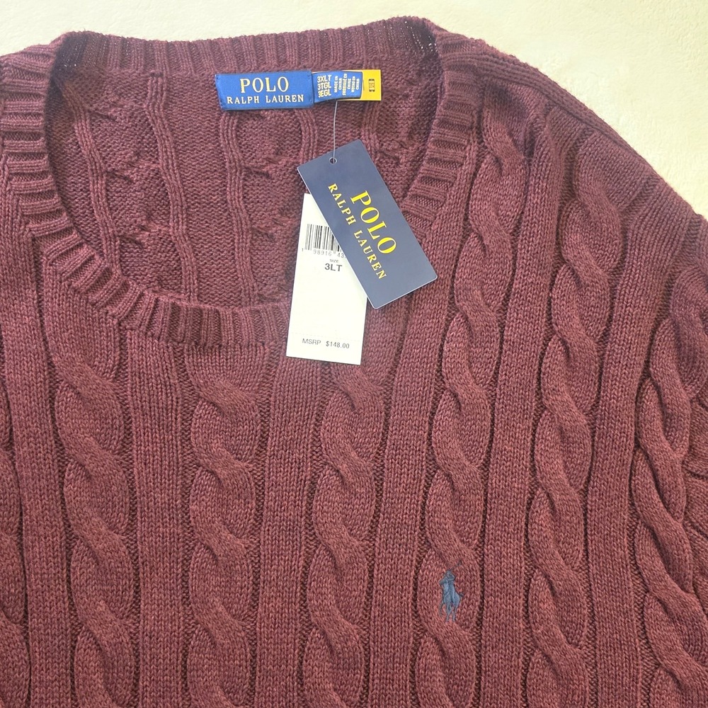 POLO RALPH LAUREN Mens 3XLT Red Burgundy Cable Knit Sweater NWT! - $148